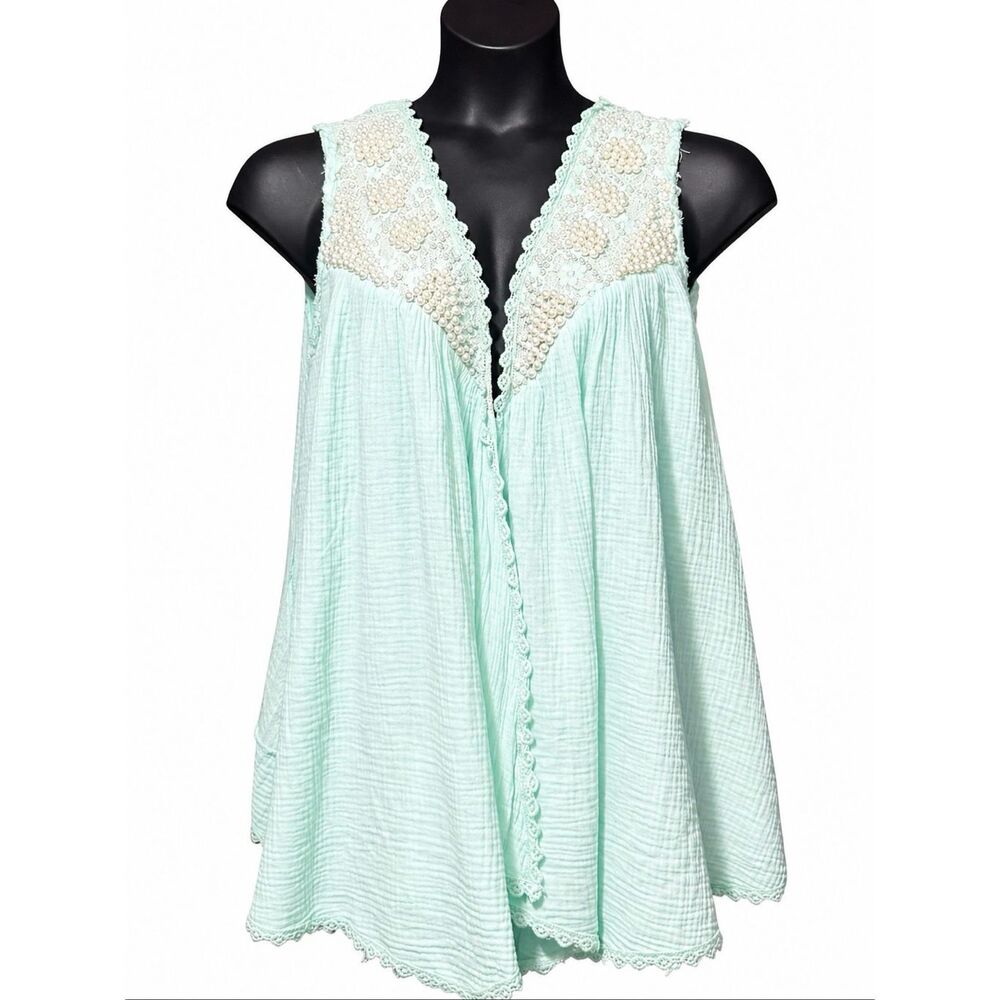 POL Embroidered Pearl Open Front Vest Boho Lace Sleeveless Cardigan Pale Mint L - Picture 5 of 9